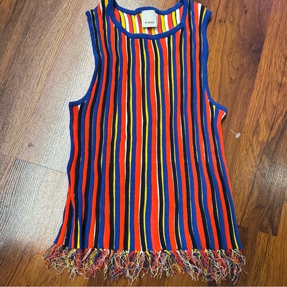 Pinko Striped Knit Fringe Hem Tank Top Multicolor Sleeveless Size Large - Picture 2 of 7